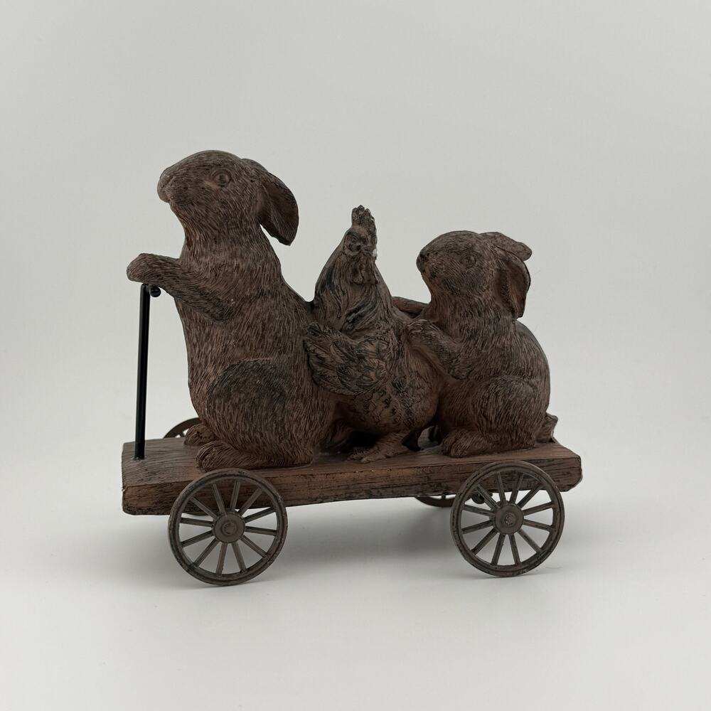 Rabbit Figurine - Rustic Animals Bunny Chicken on a Go Cart Adventure